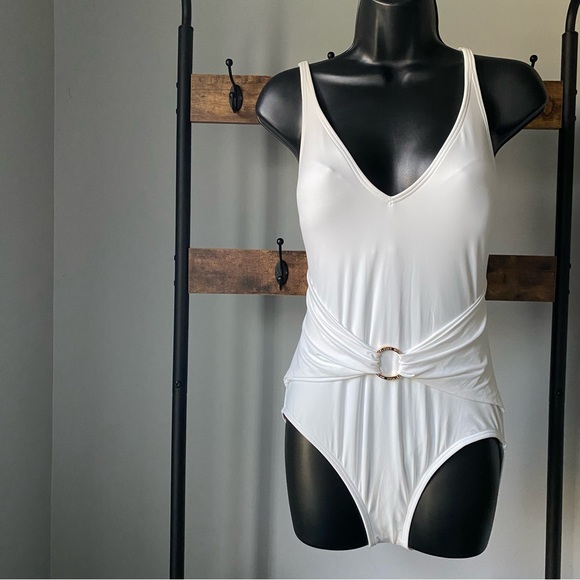 Michael Michael Kors White Stretch Tummy Control Sash-Ring V Neck Swimsuit 10 - Picture 2 of 7